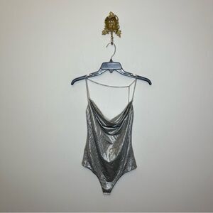 h:ours Silver Textured Chain Detail Bodysuit S